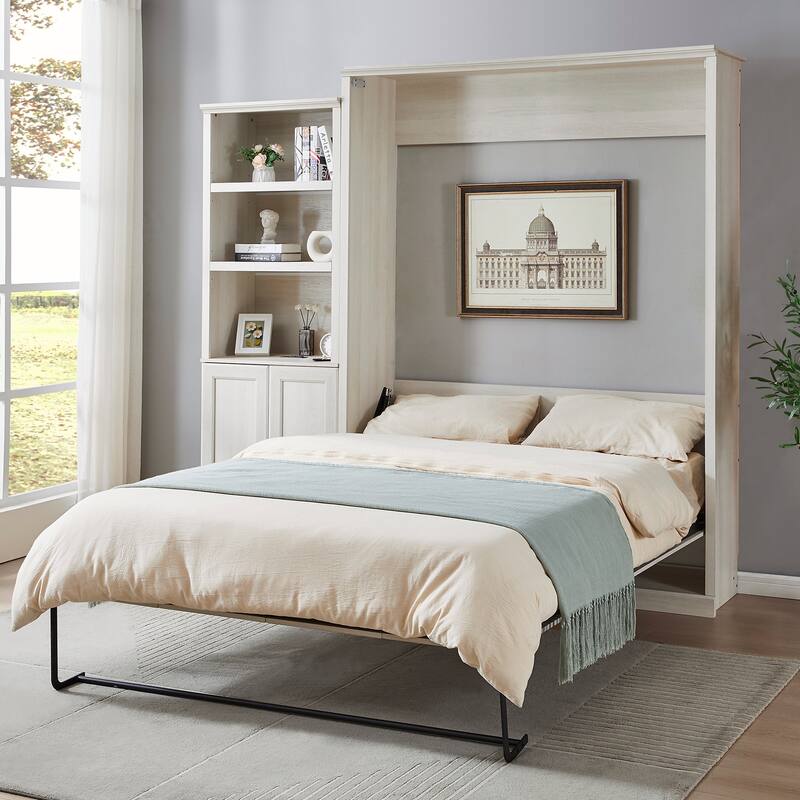 Space-Saving Modern Murphy Bed with Dual Piston Lift - Foldable Platform Bed Convertible Hidden Cabinet Design Cube Cabinet Bed