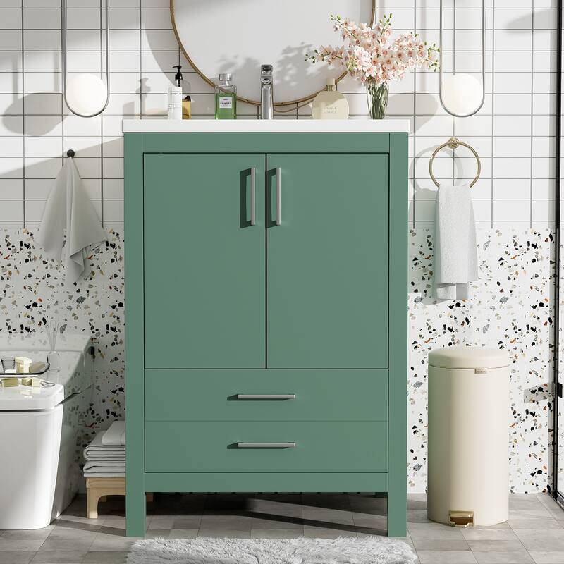 Simple Freestanding Storage Cabinet Single Sink Vanity for Bathroom with 2 Doors Cabinet, Large Drawer and Silver Metal Handles