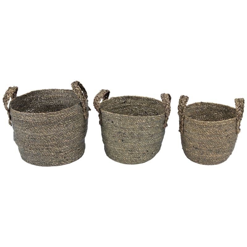 Set of 3 Dark Brown Round Seagrass Storage Baskets with Braided Handles 13.5"