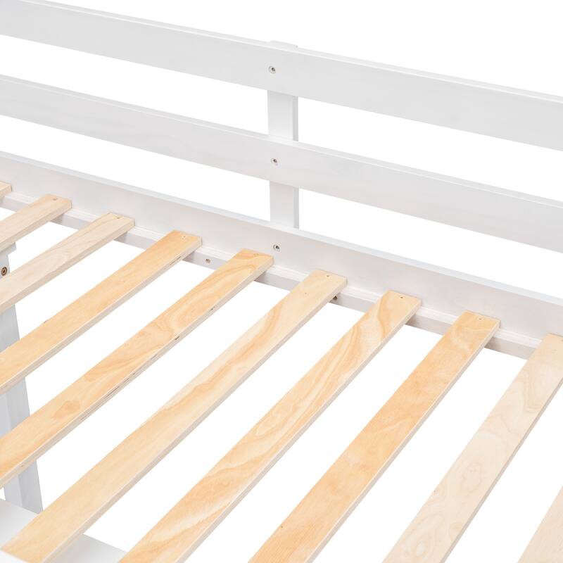 Pine Wood Low Loft Bed with Storage Stairs, Shelves, Retractable Writing Desk, 3 Drawers, Wooden Lofbed Frame for Kids Bedroom