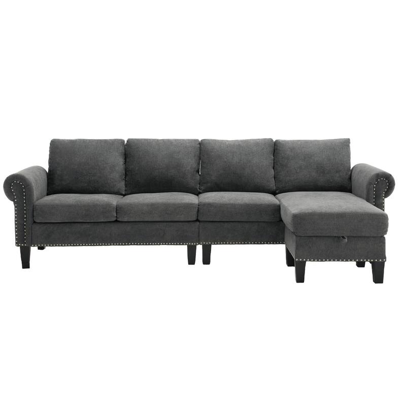 106Inch 4 Seater Convertible Sectional Sofa Couch with Storage Ottoman - Gray
