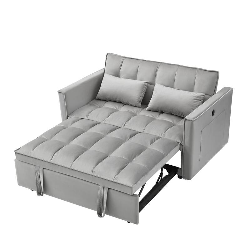 3-in-1 Adjustable Light Gray Velvet Sleeper Sofa Bed with USB Port