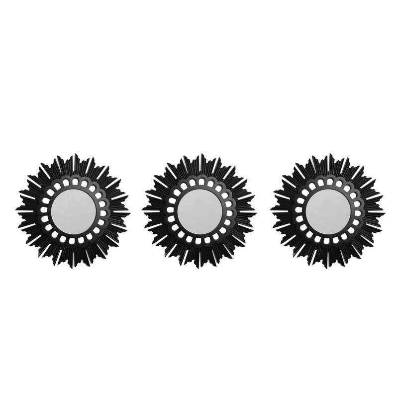 Set of 3 Floral Sunburst Matte Black Round Mirrors 9.5