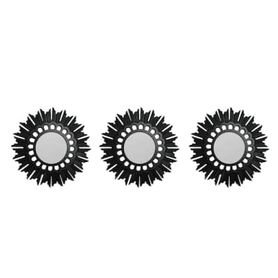 Set of 3 Floral Sunburst Matte Black Round Mirrors 9.5