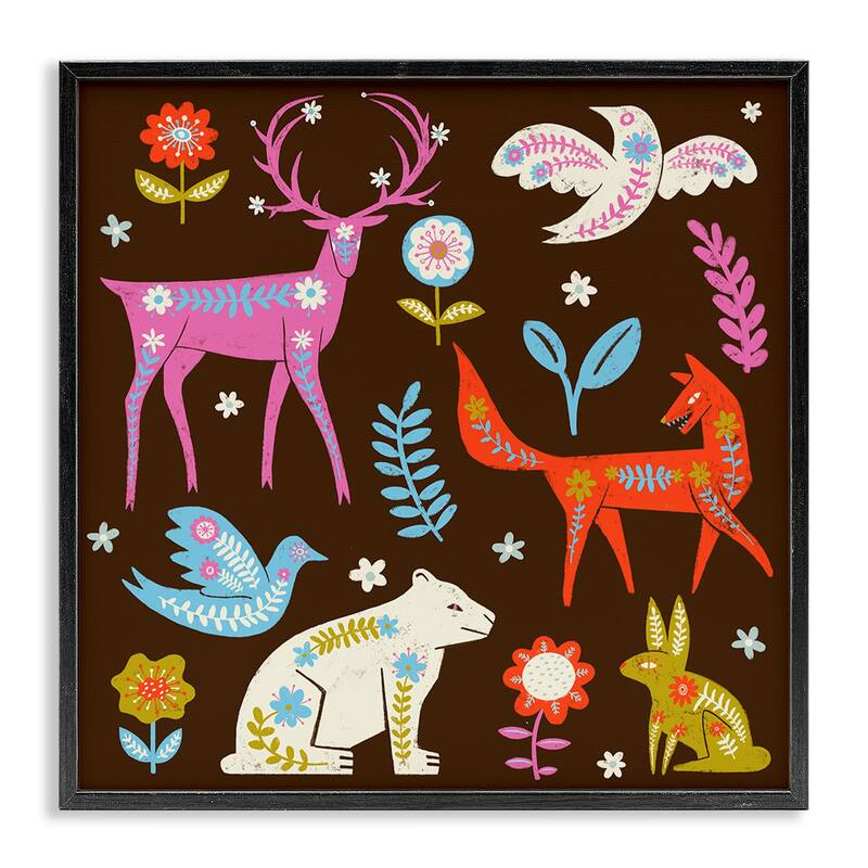 Stupell Forest Folk Animals with Florals Framed Giclee Art Design By Hannah Moren - 12 x 12 - Black