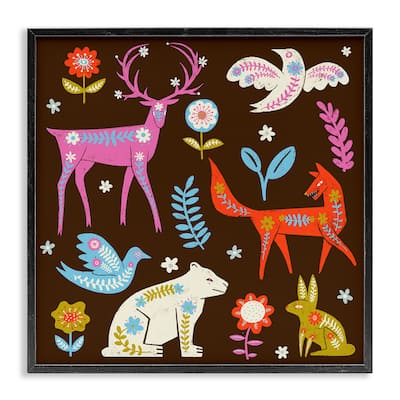 Stupell Forest Folk Animals with Florals Framed Giclee Art Design By Hannah Moren
