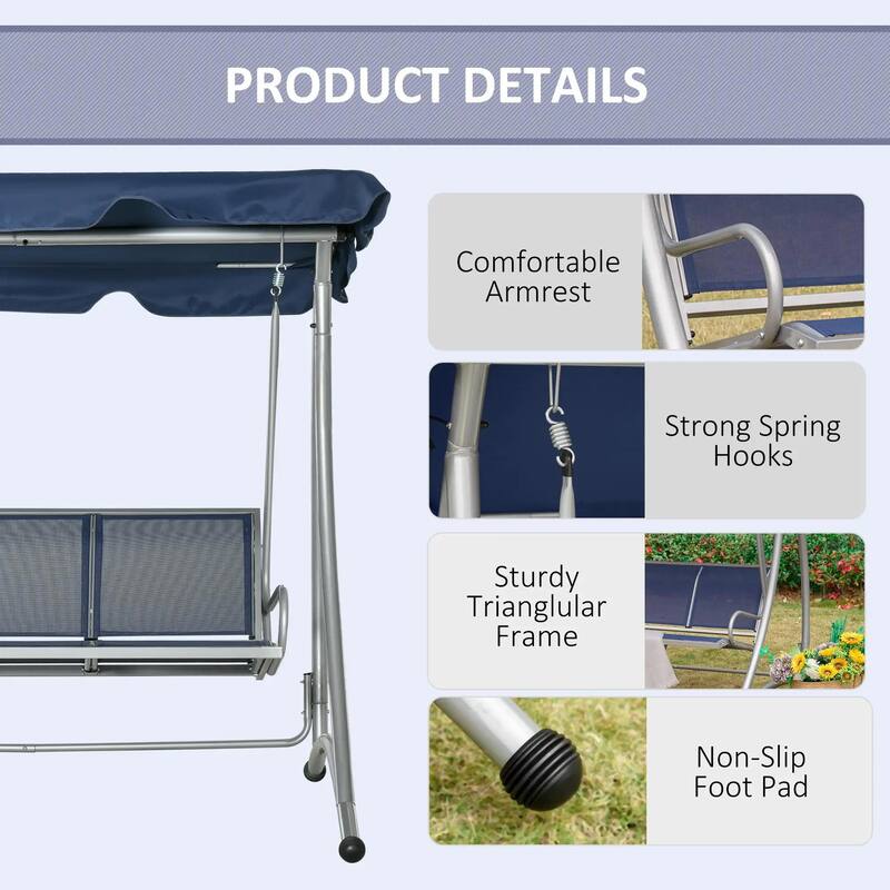 3-Seat Porch Swing, Adjustable Canopy, Breathable Seat, Steel Frame