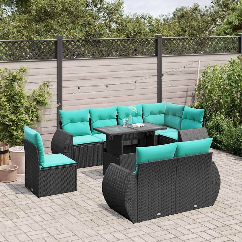 vidaXL Patio Sofa Set with Cushions and Table Outdoor 9 Piece Poly Rattan - Black without storage