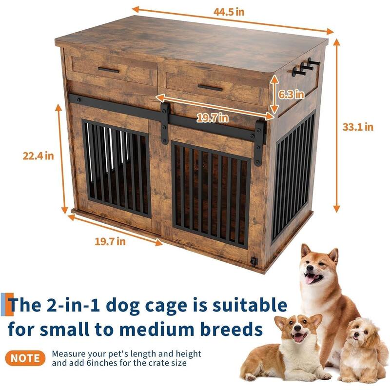 Dog Crate Furniture with Barn Door, Indoor Kennel Table with Storage - N/A