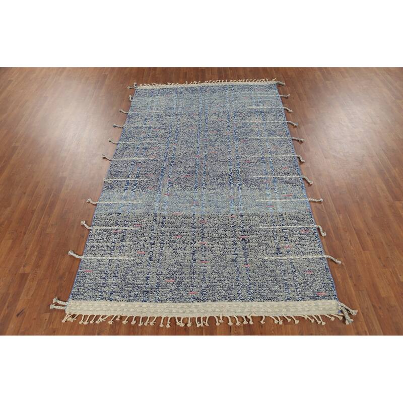 Gray & Blue Striped Moroccan Area Rug Hand-Knotted Wool Carpet - 5'9"x 9'8"