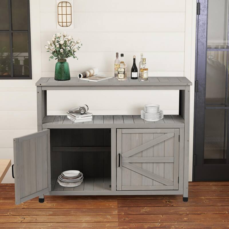 Wood Patio Bar Cabinet, Rustic Cedar Buffet Table with Storage, All-Weather Indoor/Outdoor Multi-Purpose Sideboard