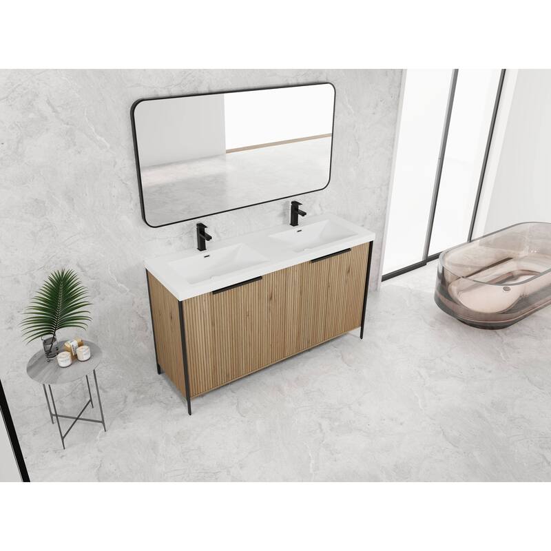 59-inch Double Sink Bathroom Vanity with Adjustable Shelves, Soft-Close Hinges, Resin Basin