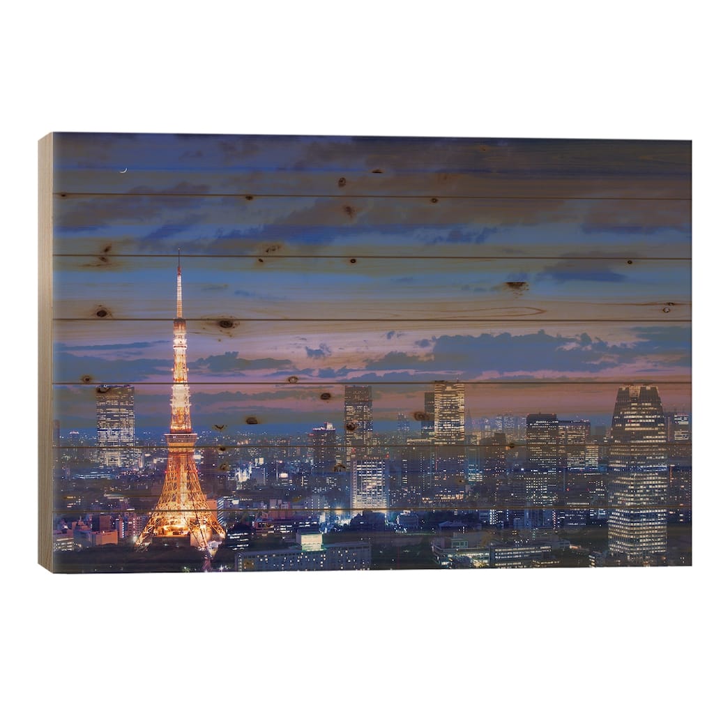 Tokyo Night View Print On Wood by Takao Kataoka - Multi-Color