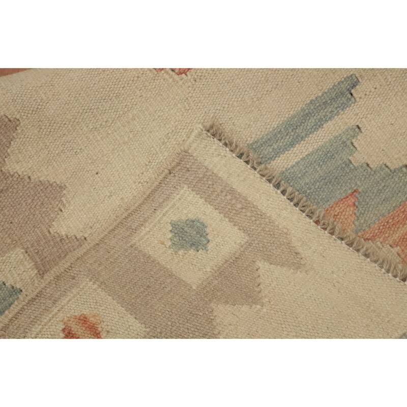 Hand Woven Oriental 100% Wool Carpet Southwestern Tribal Beige & Ivories Kilim Runner Rug - 8' 0'' X 2' 0''