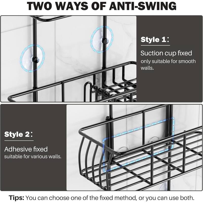 Shower Caddy Hanging, Anti-Swing Over Head Shower Caddy Rustproof with hooks for Towels, Sponge and more