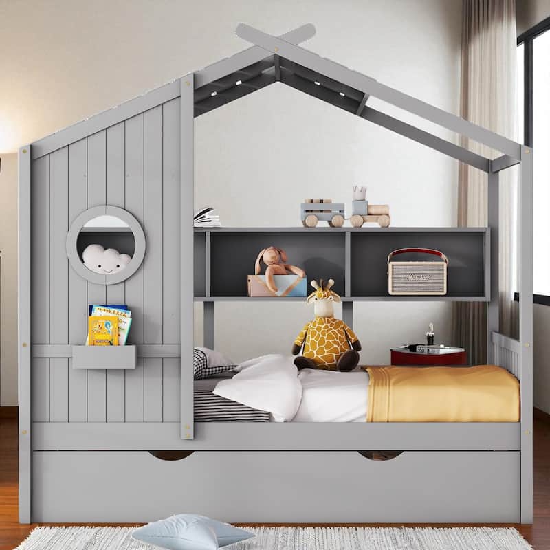 Wooden Twin/Full Size House Bed with Trundle, Storage Shelf & Roof Design - Kids Modern Playhouse Bed Frame - Grey - Full