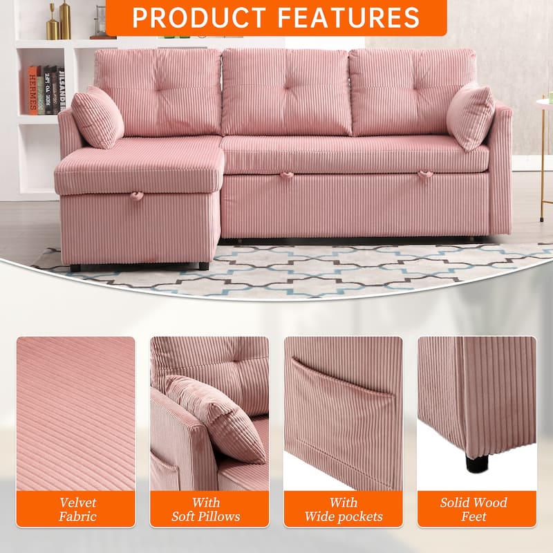 Corduroy/Chenille Upholstered L-Shaped Storage Reversible Chaise Sectional Sofa with Side Pocket