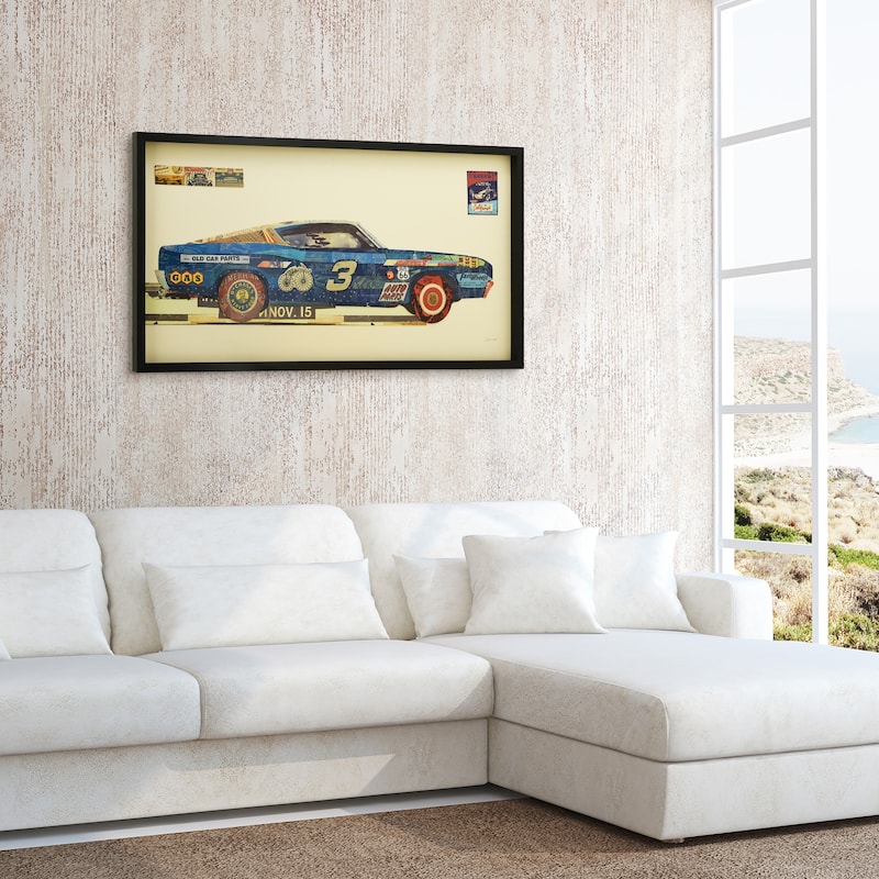 "Muscle Blue Car" Dimensional Collage Framed Graphic Glass Wall Art