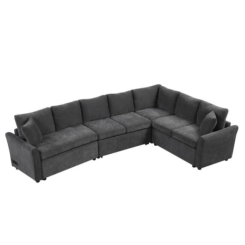 L-shaped Sofa Convertible Sofa Bed Pull Out Sofa Sleeper with Two Back Pillows, Two USB Ports and Two Power Sockets