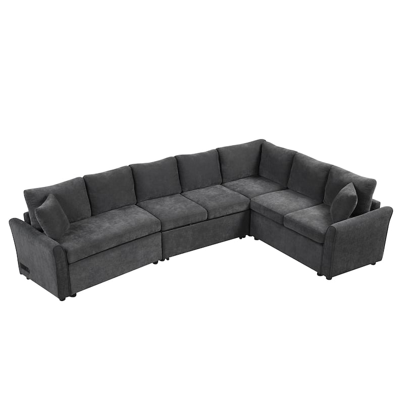 Roomfitters L-Shaped Convertible Pull-Out Sofa Bed with Two Back Pillows, USB Ports, and Power Sockets