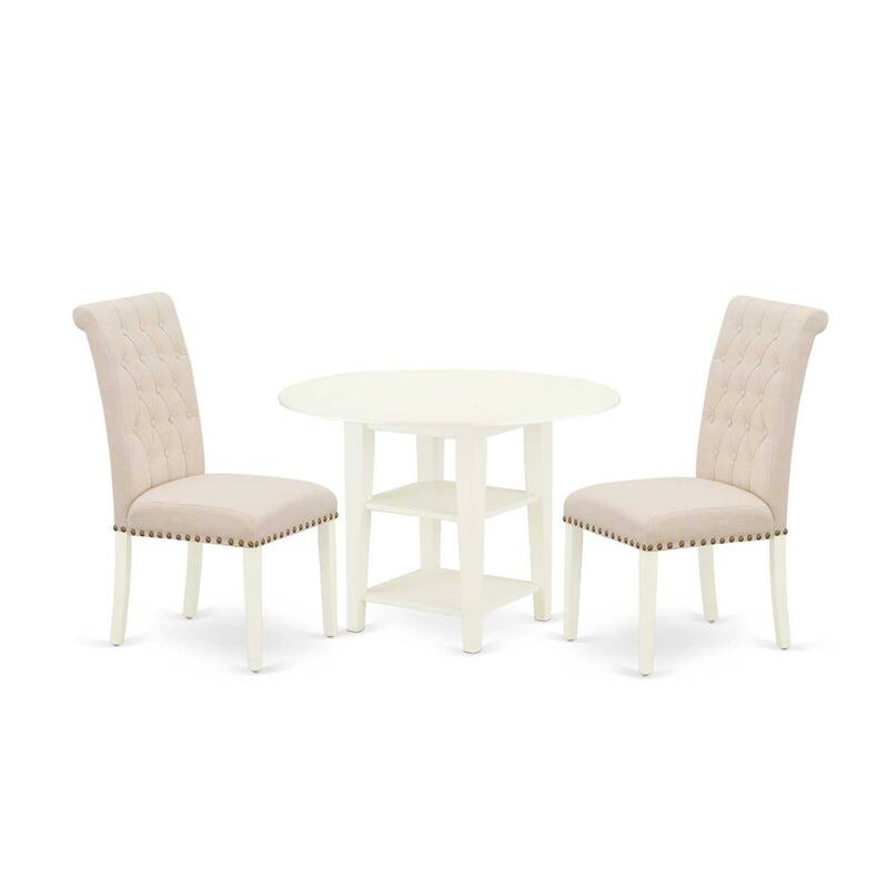 HomeStock 3-Piece Linen White Finish Round Solid Wood Top With Dropleaf Dining Table Set