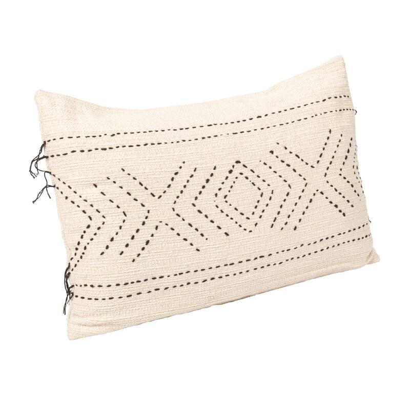 Hand-Embroidered Cotton Lumbar Pillow with Kantha Stitch