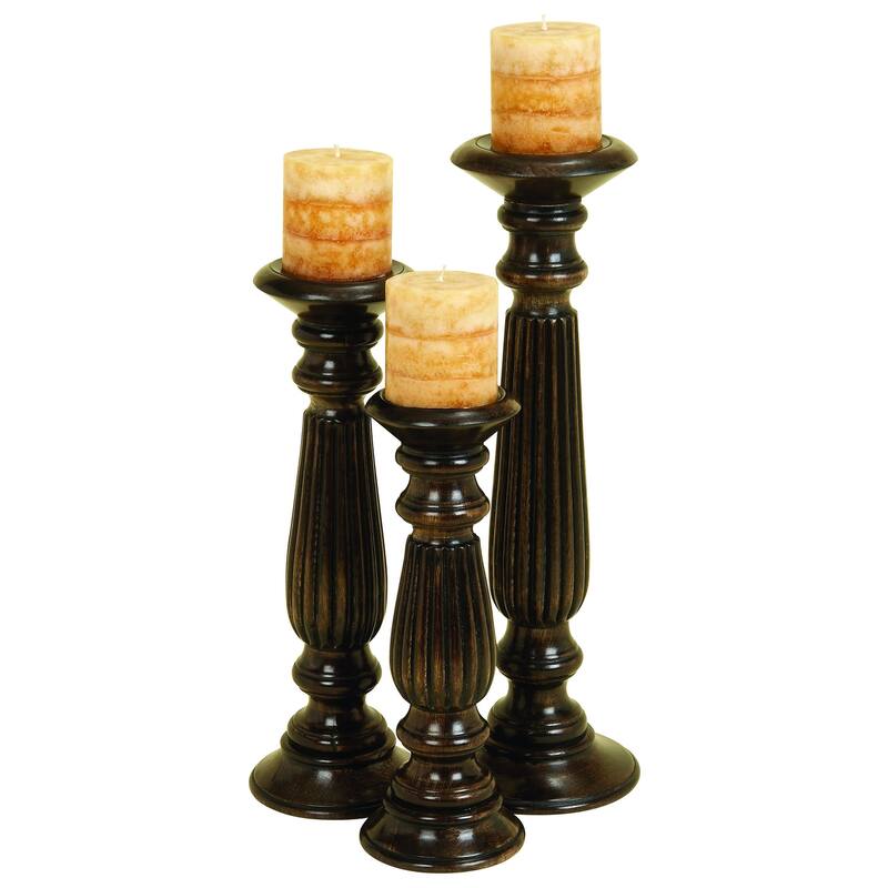 Traditional Mango Distressed Turned Pillar Wood Candle Holder (Set of 3) - Dark Brown, Beige, White