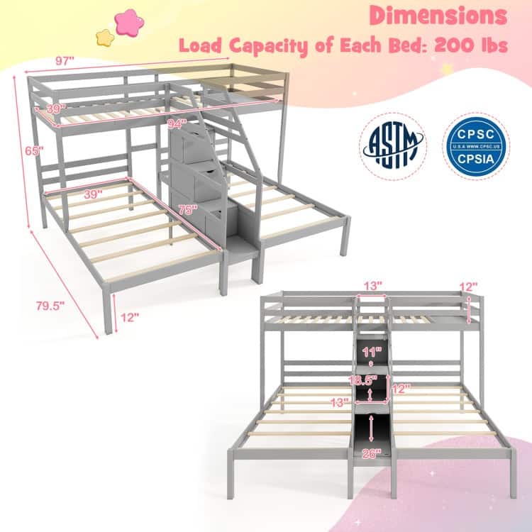 Bunk Bed for 3 Kids, Twin Over Twin with Storage Staircase and Safety Guardrails
