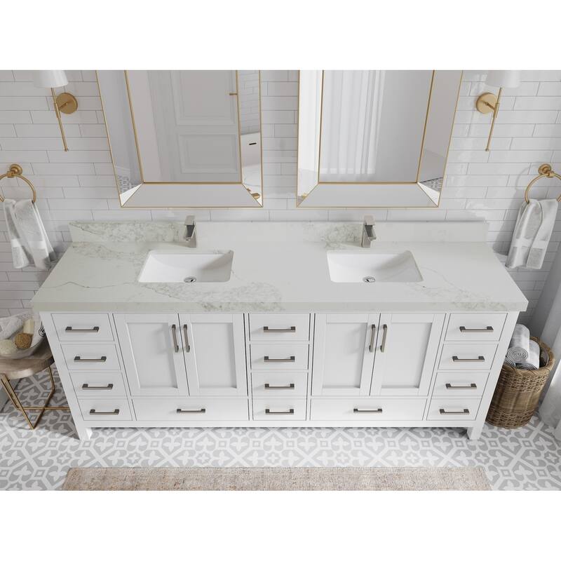 Willow Collection 84 in. W x 22 in. D Malibu Double Sink Bathroom Vanity with Countertop - 2" Calacatta Nuvo - White