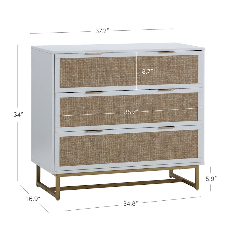Kova 3-Drawer Rattan Dresser or Bohemian Living Room Storage Cabinet with Textilene Rattan Accent and Metal Legs