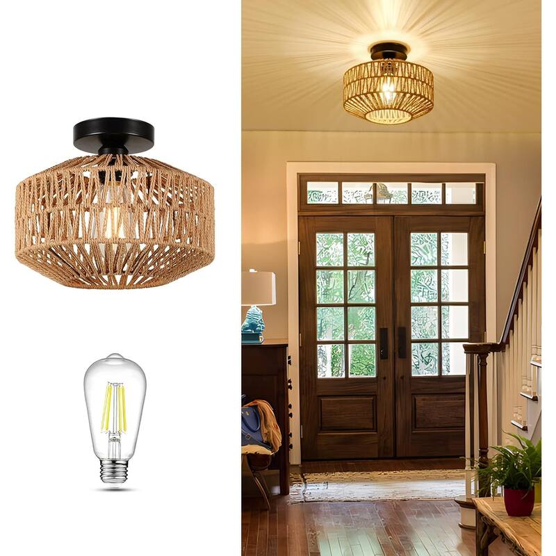 Light Fixtures Ceiling Mount,Mini Rattan Chandelier Light with Dimmable LED Bulb,Hand Woven Ceiling Light Fixtures Flush Mount