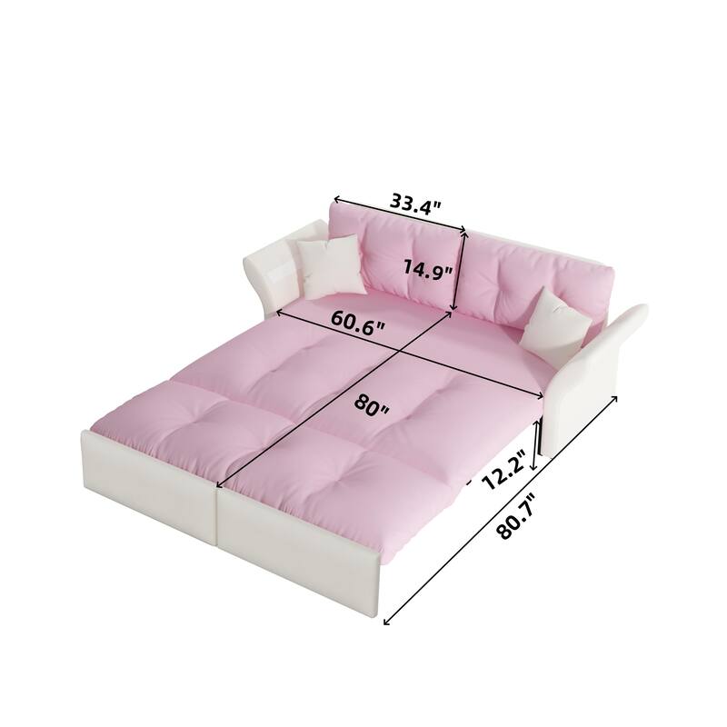 74.8" Queen Pull Velvet Out Sofa Bed, 3-in-1 Convertible Sleeper Tufted Sofa with 2 Soft Pillows-Pink