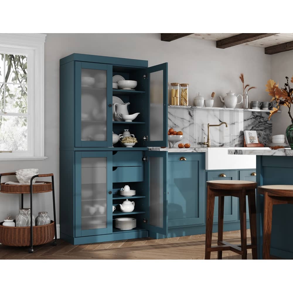 Palace Imports 100% Solid Wood Pantry Cabinet with Frosted Glass Doors, 2-Drawers and Adjustable Shelves - 32" x 71.5"