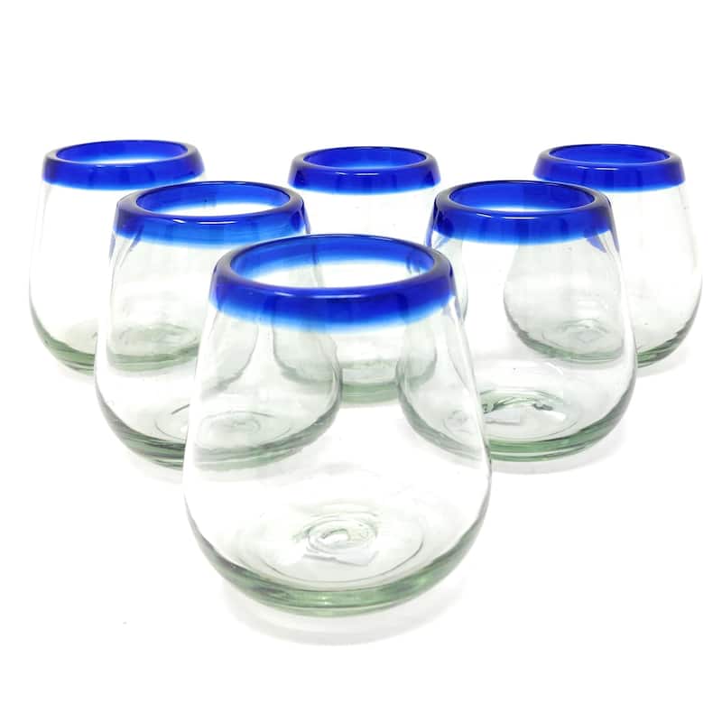 Hand Blown Mexican Stemless Wine Glasses - Set of 6 Glasses with Cobalt Blue Rims (15 oz) - Set of 6 - Blue