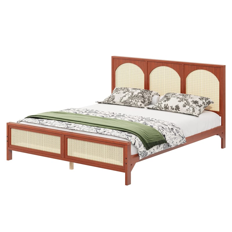 GDFStudio - Modern Wooden Platform Bed with Rattan Headboard and Footboard