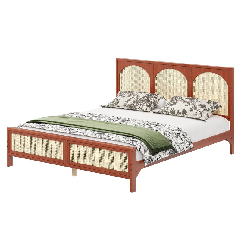 Rattan Low Profile Bed Wood Platform Bed Frame with Rattan Headboard and Footboard, Wood Slat Support, No Box Spring Needed