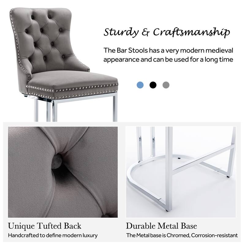 Modern Velvet Upholstered Barstools with Metal Base Leg
