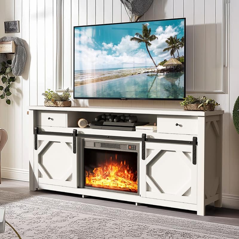 70" Sliding Diamond Door TV Stand for TVs up to 73" with 23" Electric Fireplace Included