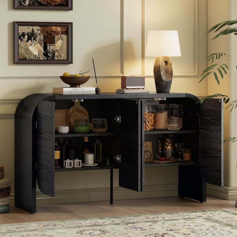 4 Doors Wood Sideboard Credenza Cabinet with Curvy Edge & Adjustable Shelves