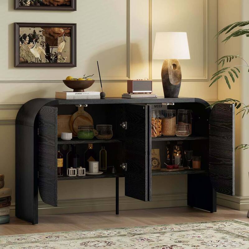 Wooden Sideboard Buffet Cabinet with Curvy Edge & Adjustable Shelves