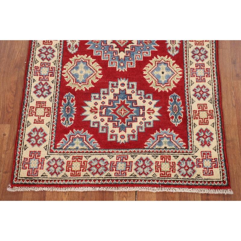 Geometric Red Kazak Accent Rug Handmade Wool Carpet - 2'9" x 4'0"