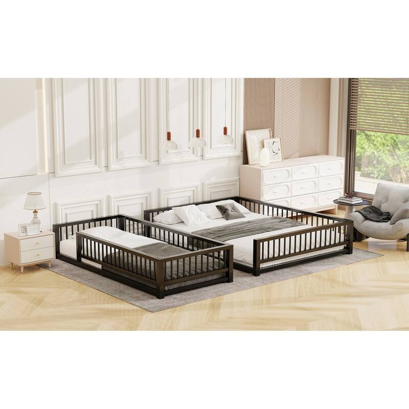 Floor Bunk Bed Heavy Metal Bed Frame with Ladder and Safety Guardrails, Detachable Bunkbeds Design Converts to 2 Platform Beds
