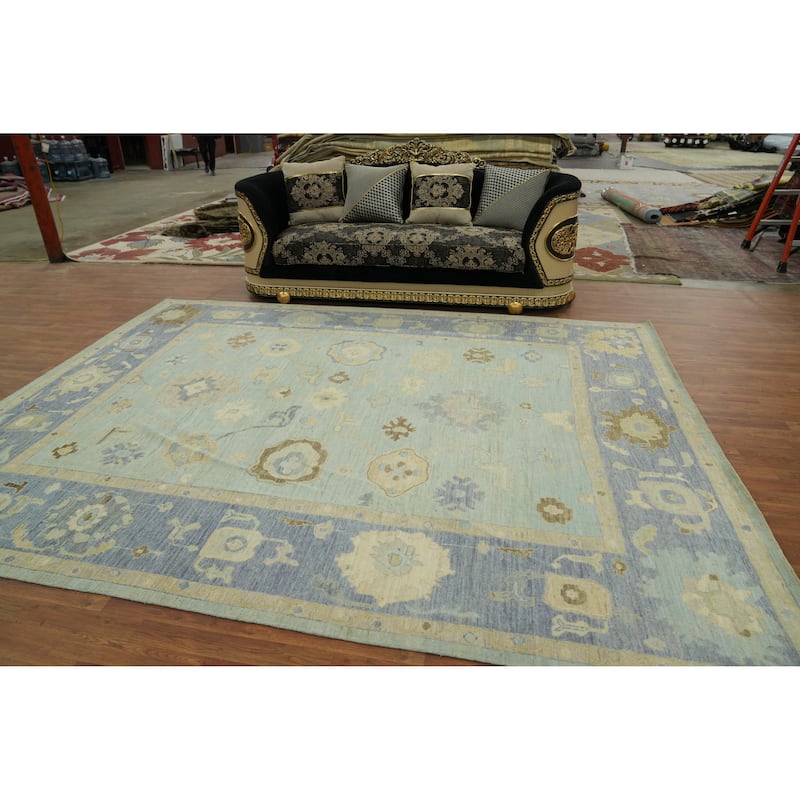 Vegetable Dye Wool Oushak Turkish Area Rug Floral Geometric Carpet - 11' 7'' X 9' 1''