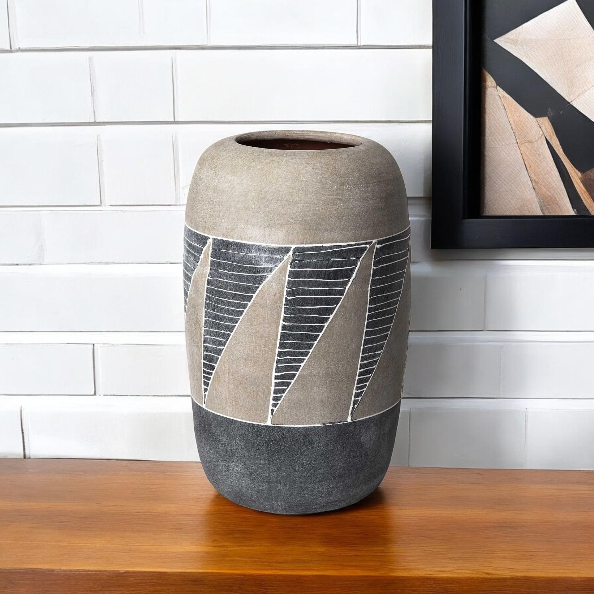 15" Brown And Gray Geometric Cylinder Ceramic Table Vase - 9.30