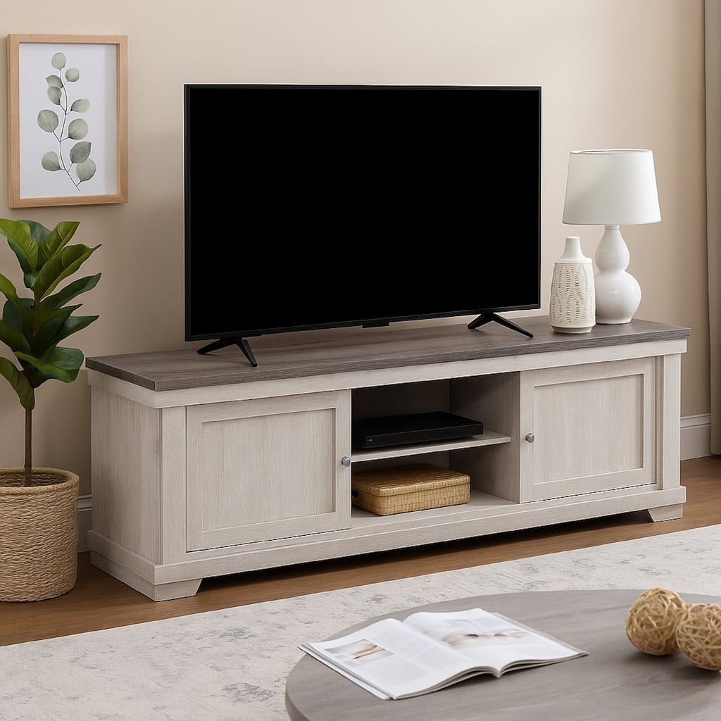 Leya TV Stand Media Cabinet, 2 Doors, 2 Shelves, Cable Cut Gray Wood