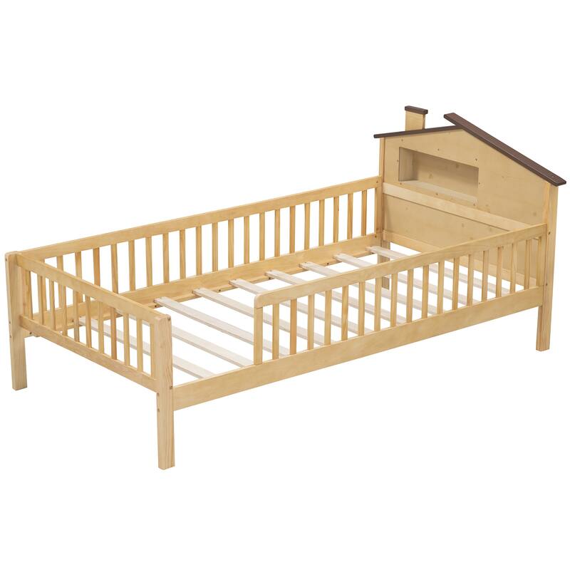 Twin Size Wood Platform Bed with House-Shaped Headboard, LED Lights, Guardrails, and Built-In Storage - Perfect for Kids' Rooms