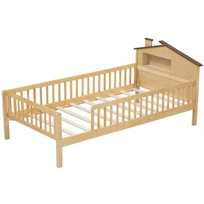 Twin Size Wood Platform Bed with House-shaped Headboard, LED and Built-in Storage