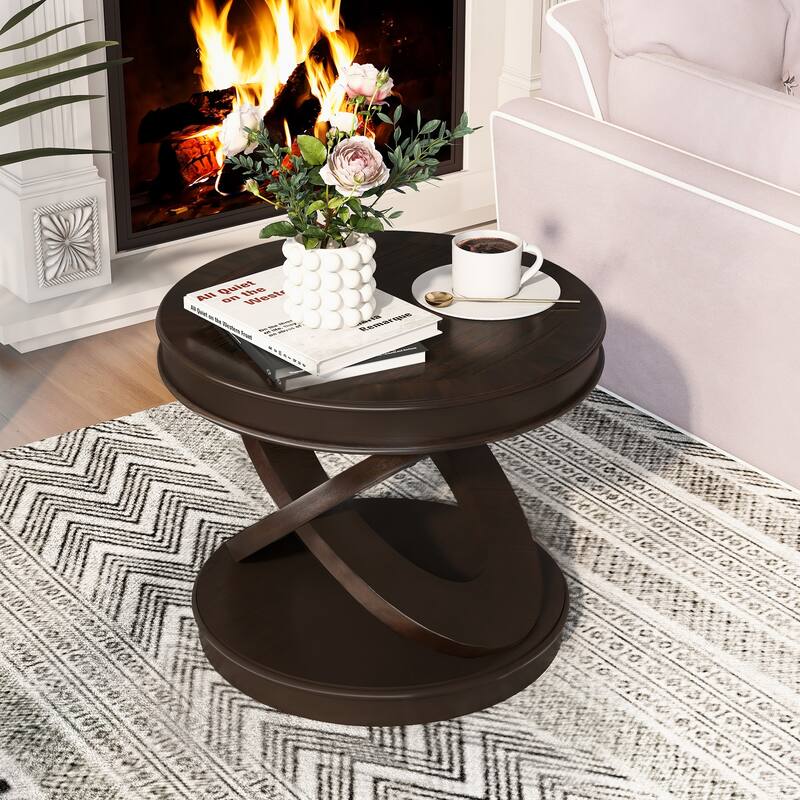 Vintage Round Wooden End Table Sofa Side Table with X-shape Base, Coffee Table Espresso Accent Table