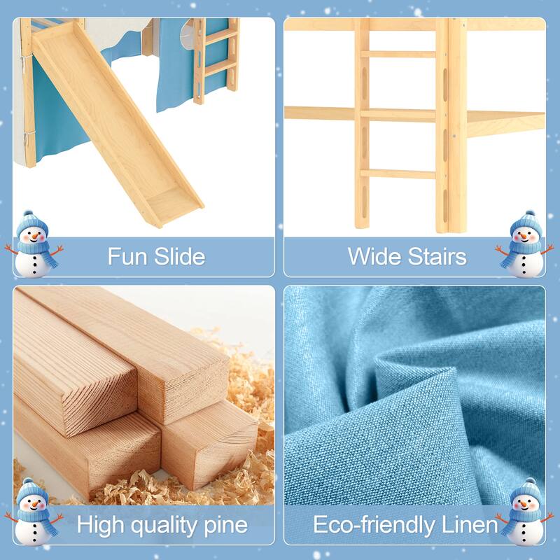 Roomfitters House Loft Bed with Slide and Tent, Solid Wood Frame with Lights