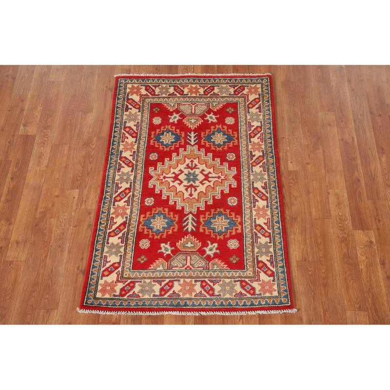 Geometric Red Kazak Oriental Accent Rug Handmade Wool Carpet - 2'9"x 4'2"